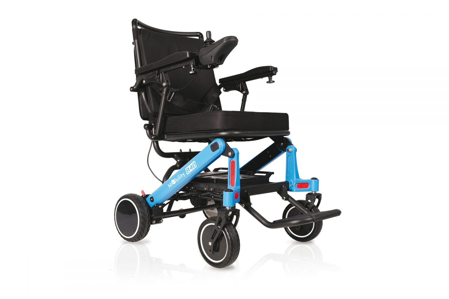 Blue Moretti Mobility 840 CM840 folding electric wheelchair with joystick